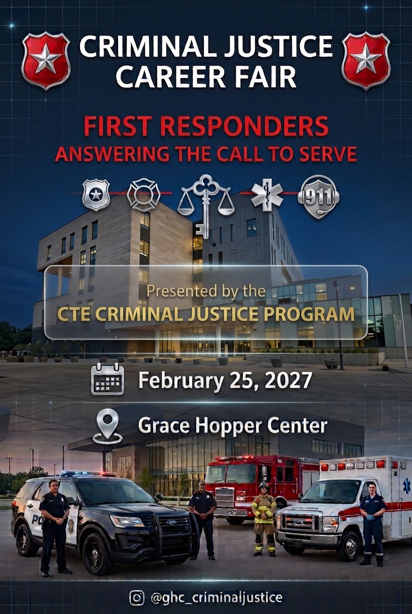 Flyer for the Third Annual Criminal Justice Career Fair, February 25, 2027 at Grace Hopper Center