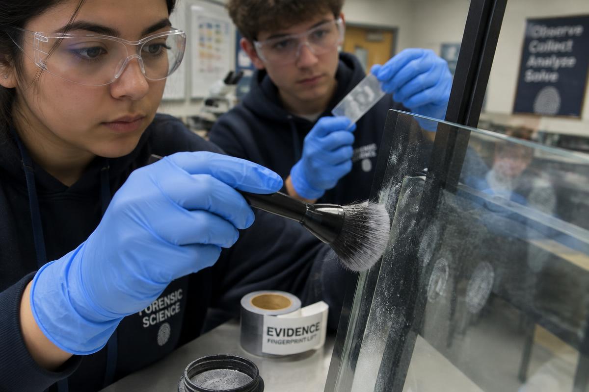 Students lifting latent fingerprints in the lab